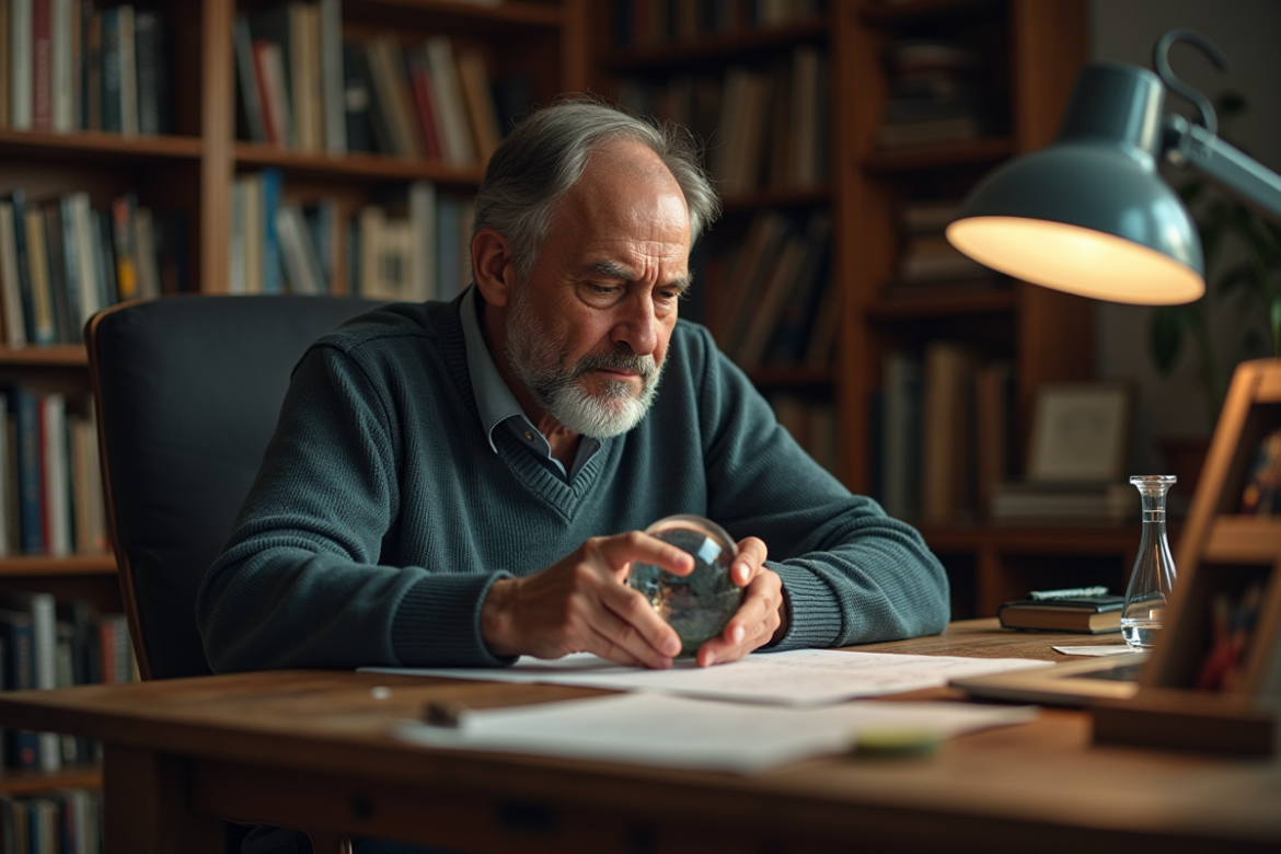 Homme méditatif tenant une sphère quantique dans un bureau