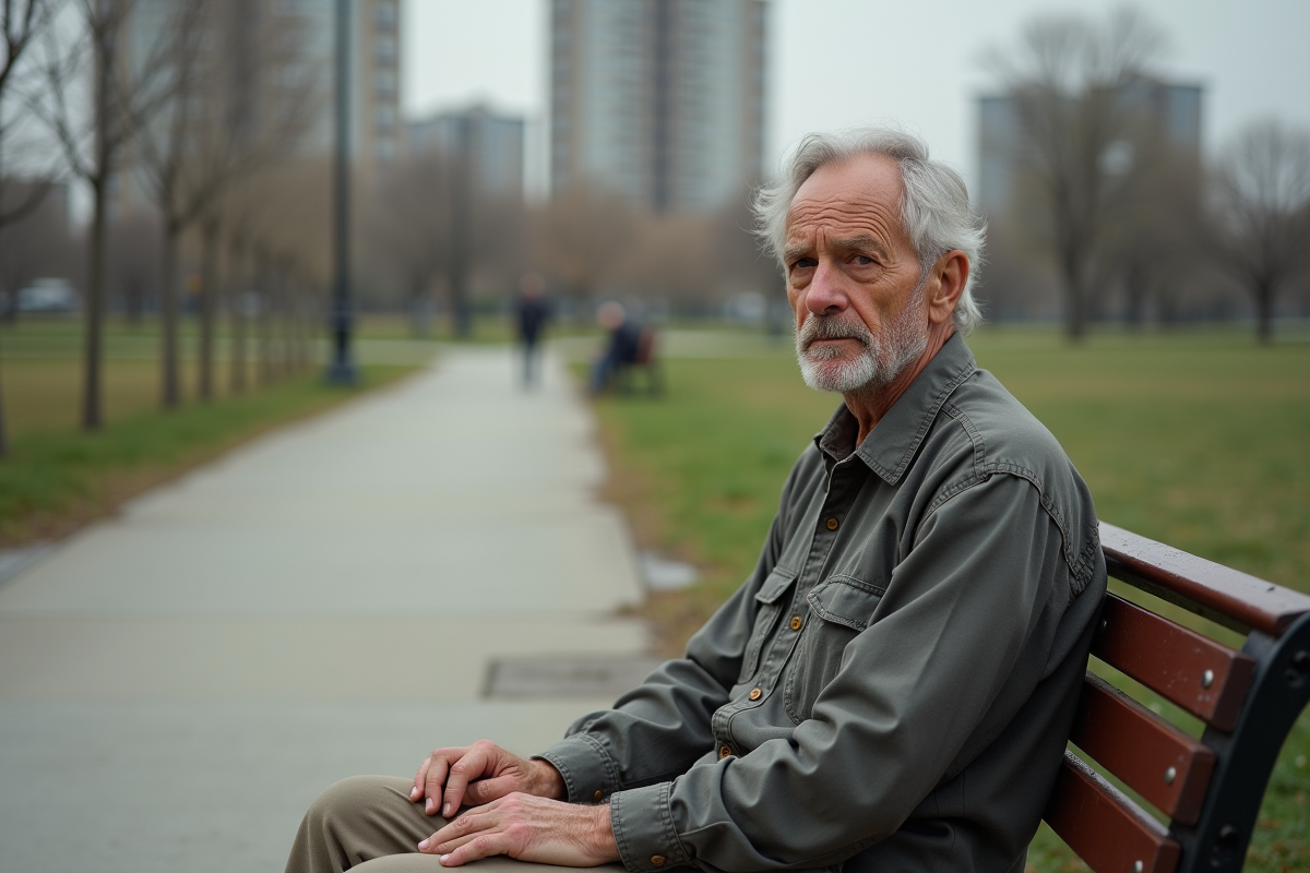 Homme âgé assis sur un banc dans un parc urbain