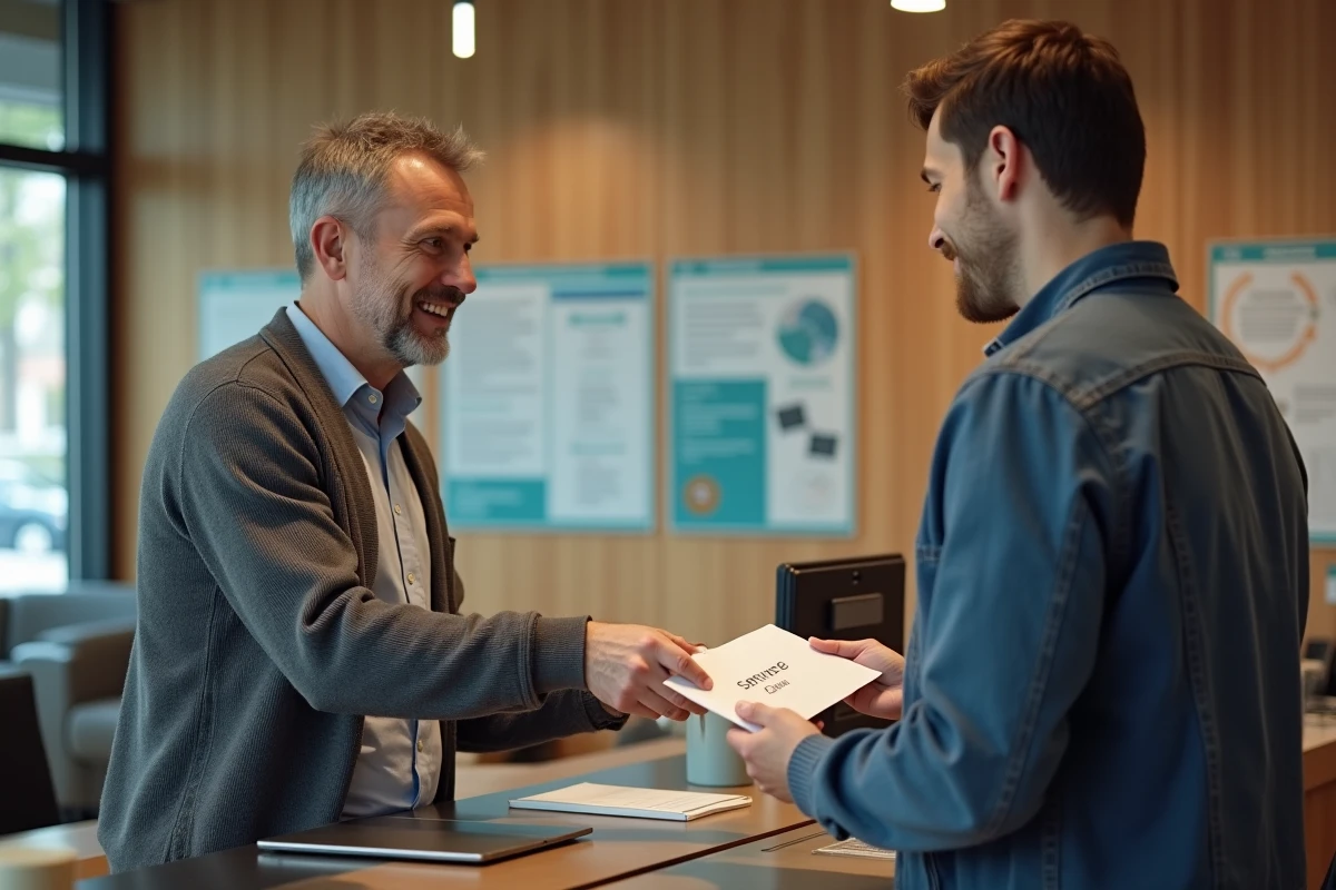 Homme remettant une enveloppe Service Civique à un jeune