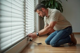 Homme en jeans examine un volet roulant bloqué dans un salon moderne