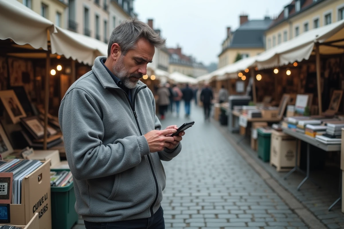 Homme consultant une application de brocante sur smartphone lors d'un vide-grenier dans le 62