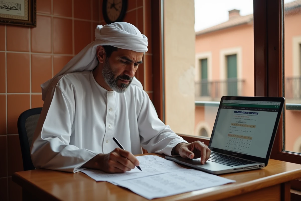 Homme consultant un tableau des heures de prière islamiques à Toulouse avec deux méthodes de calcul comparées