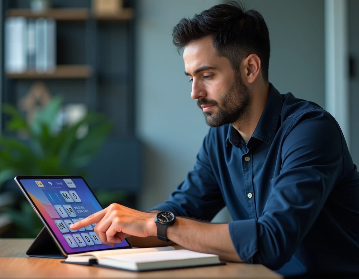 Homme concentré sur une tablette résolvant un puzzle de mots à 9 lettres du jeu 4 Images 1 Mot