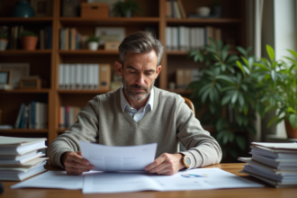 Homme d'âge moyen travaillant à son bureau avec documents