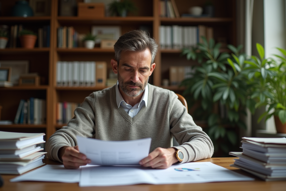 Homme d'âge moyen travaillant à son bureau avec documents