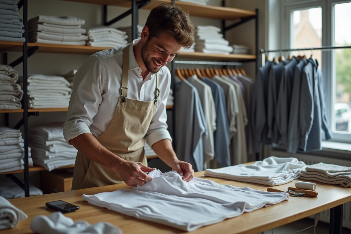 Jeune homme triant des vêtements essentiels dans une boutique lumineuse