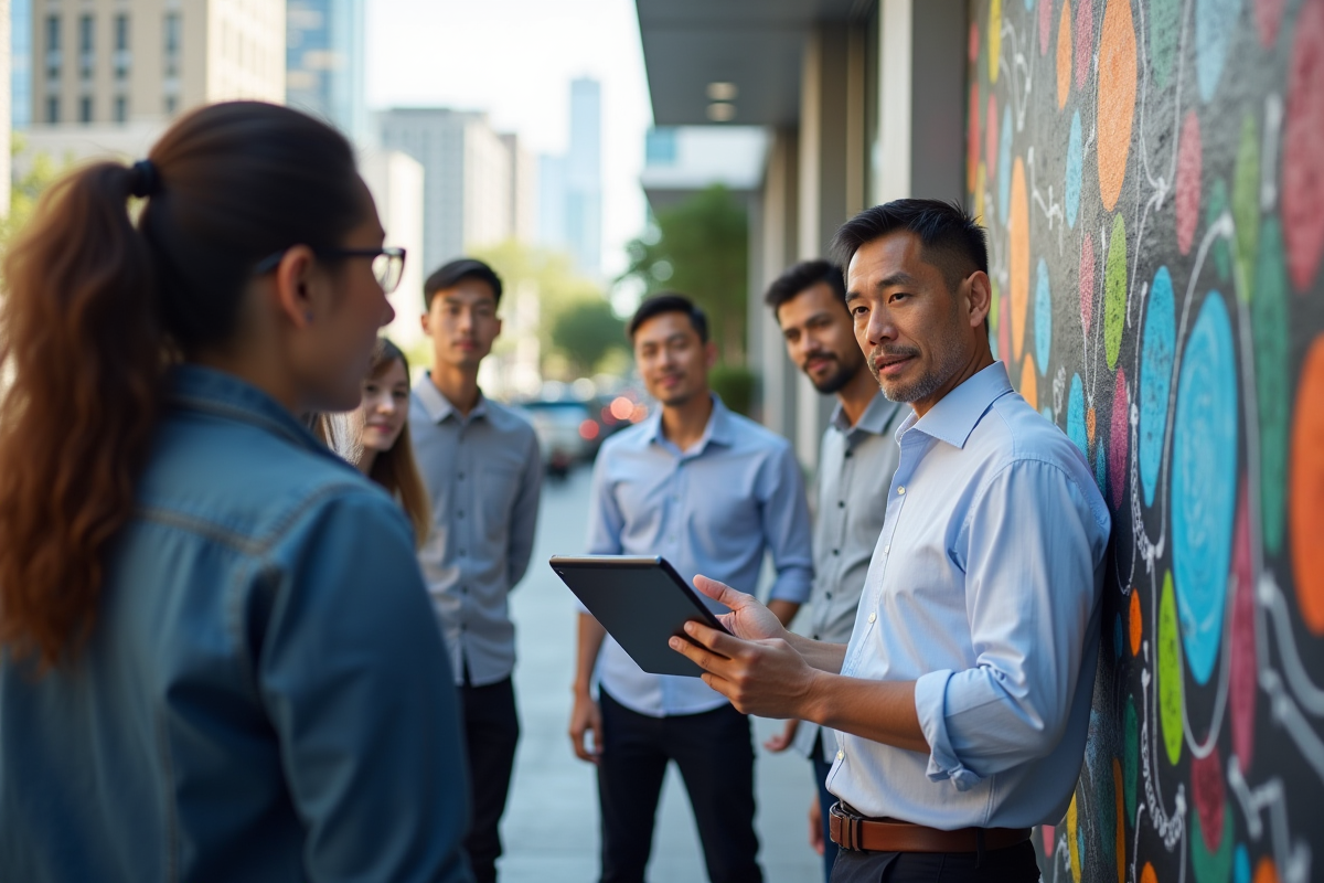 Homme asiatique présentant un tableau digital à des jeunes