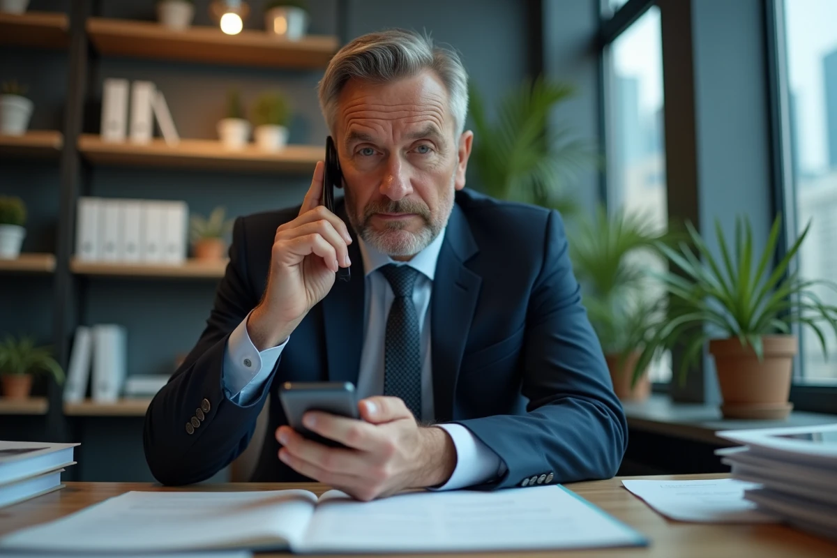 Homme d affaires bloque un appel sur son téléphone au bureau