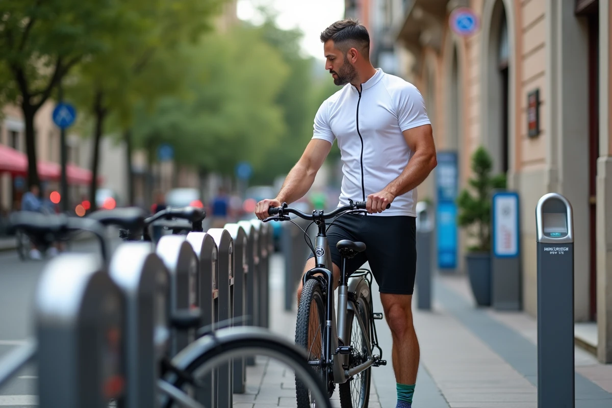 Homme en vélo dans une station de location à Toulouse