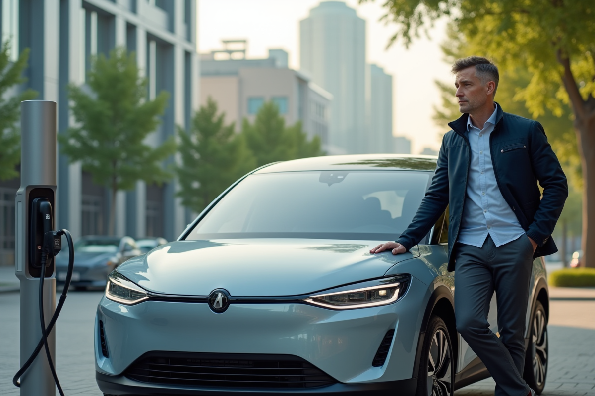 Homme d'âge moyen près d'une voiture électrique moderne