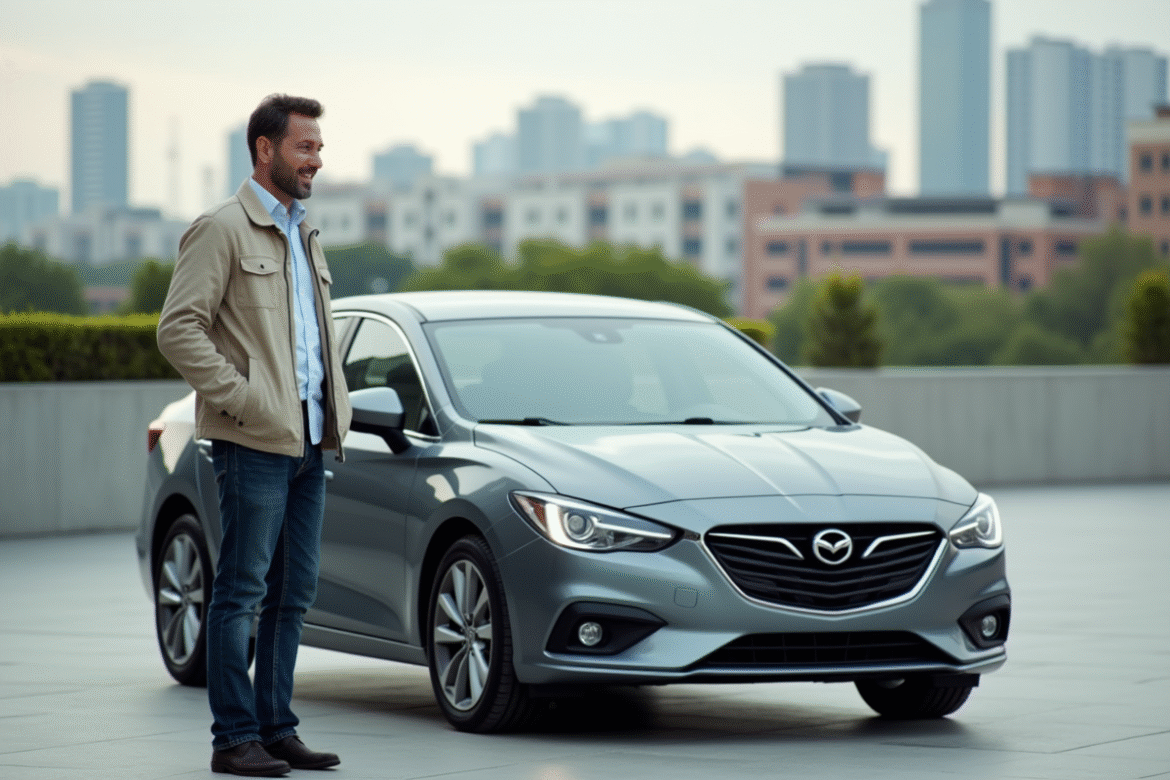 Homme confiant à côté d'une voiture urbaine moderne