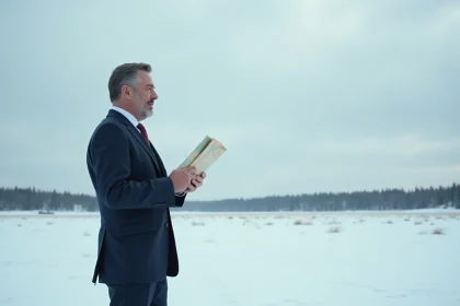 Homme en costume regardant la plaine enneigee