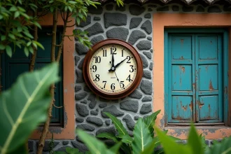 Horloge ancienne sur un mur en pierre volcanique à La Réunion symbolisant un fuseau horaire fixe sans changement d'heure