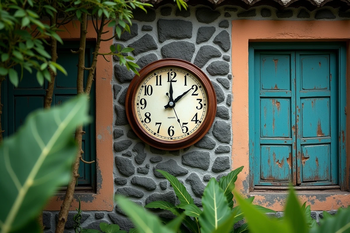 Horloge ancienne sur un mur en pierre volcanique à La Réunion symbolisant un fuseau horaire fixe sans changement d'heure