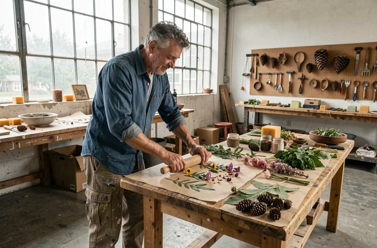 Homme adulte réalisant des impressions botaniques sur papier recyclé dans un atelier communautaire écologique