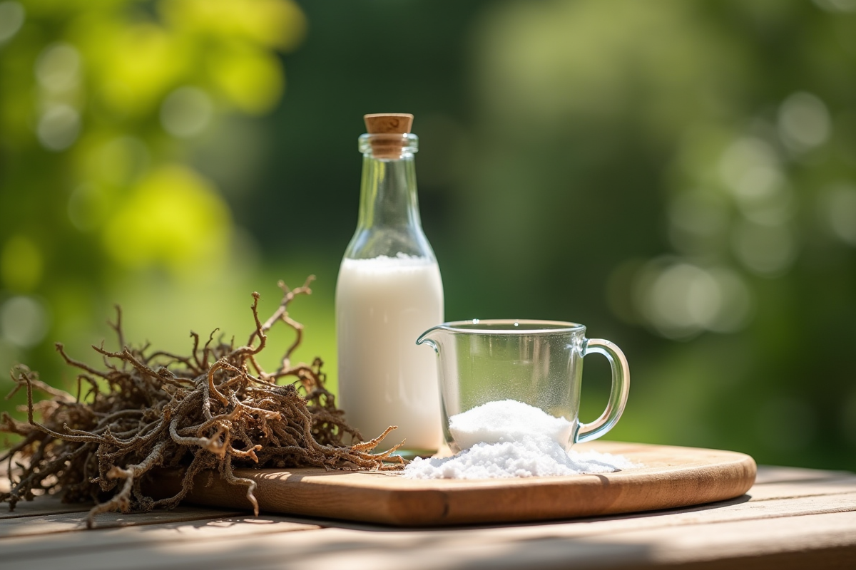 Ingrédients de cuisine comme vinaigre sel et mesureur pour éliminer mauvaises herbes