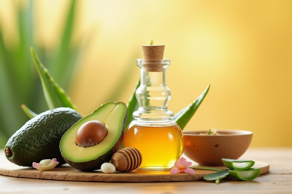 Ingrédients naturels pour soin de la peau comme miel et avocat