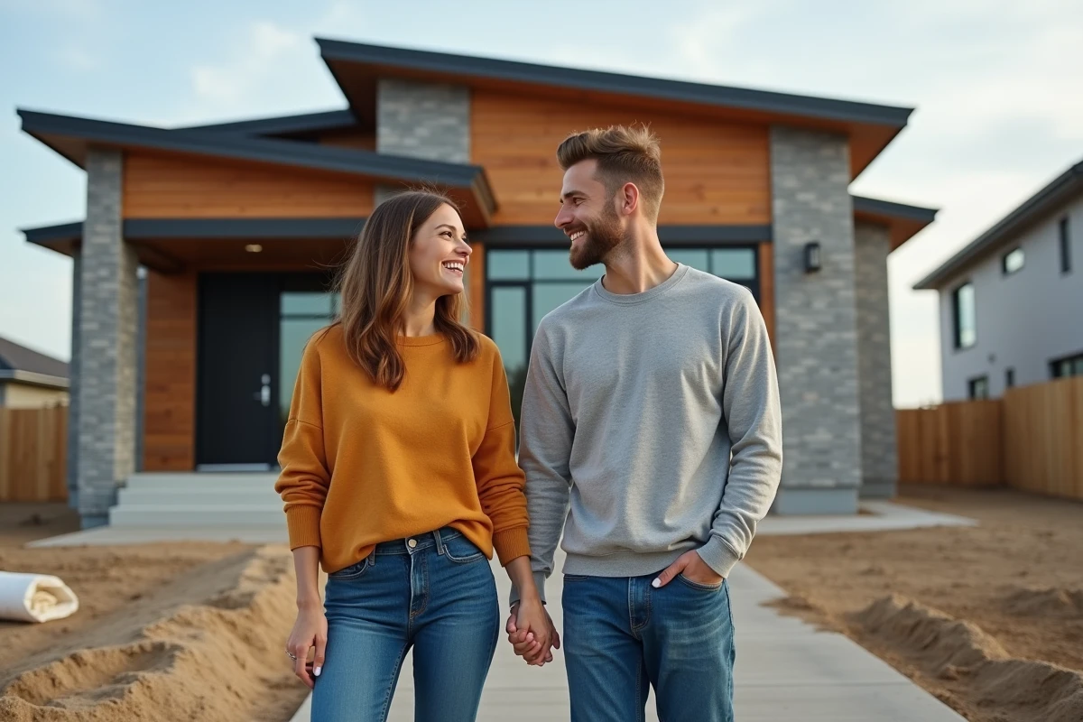 Jeune couple devant une maison contemporaine en construction