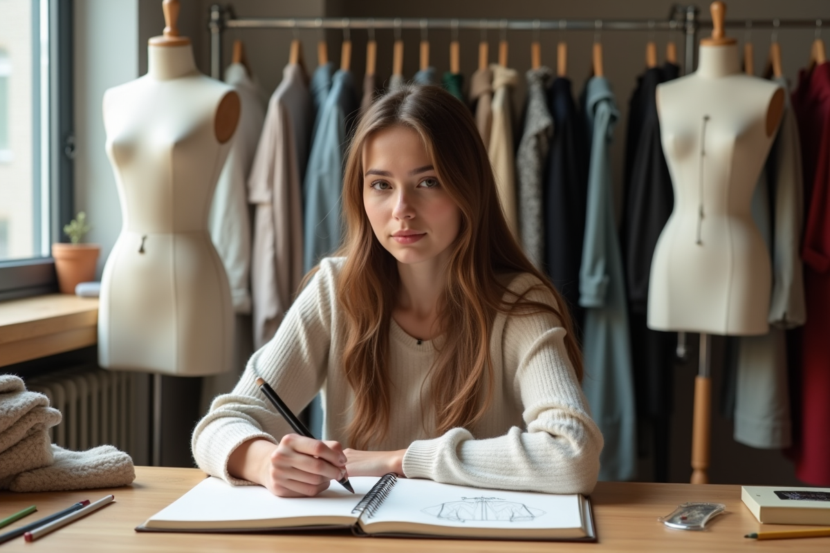 Jeune créatrice de mode dessinant dans son studio lumineux