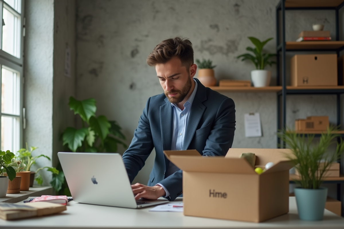 Jeune entrepreneur travaille sur son ordinateur dans un bureau