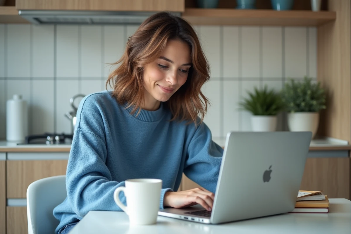 Jeune femme curieuse avec ordinateur dans cuisine moderne