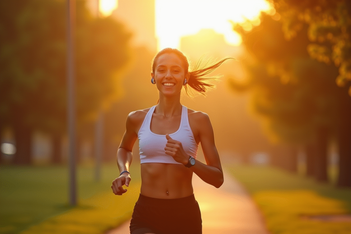 Jeune femme sportive courant dans un parc au lever du soleil