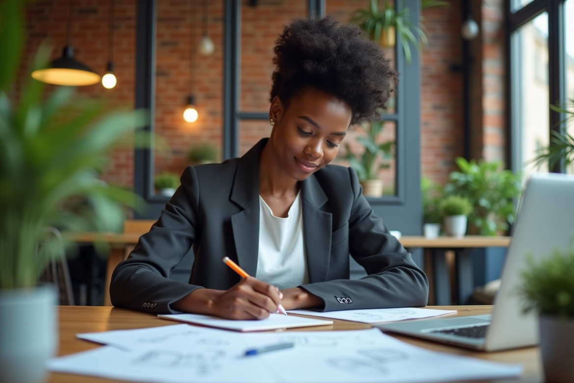 Jeune femme noire en coworking prenant des notes