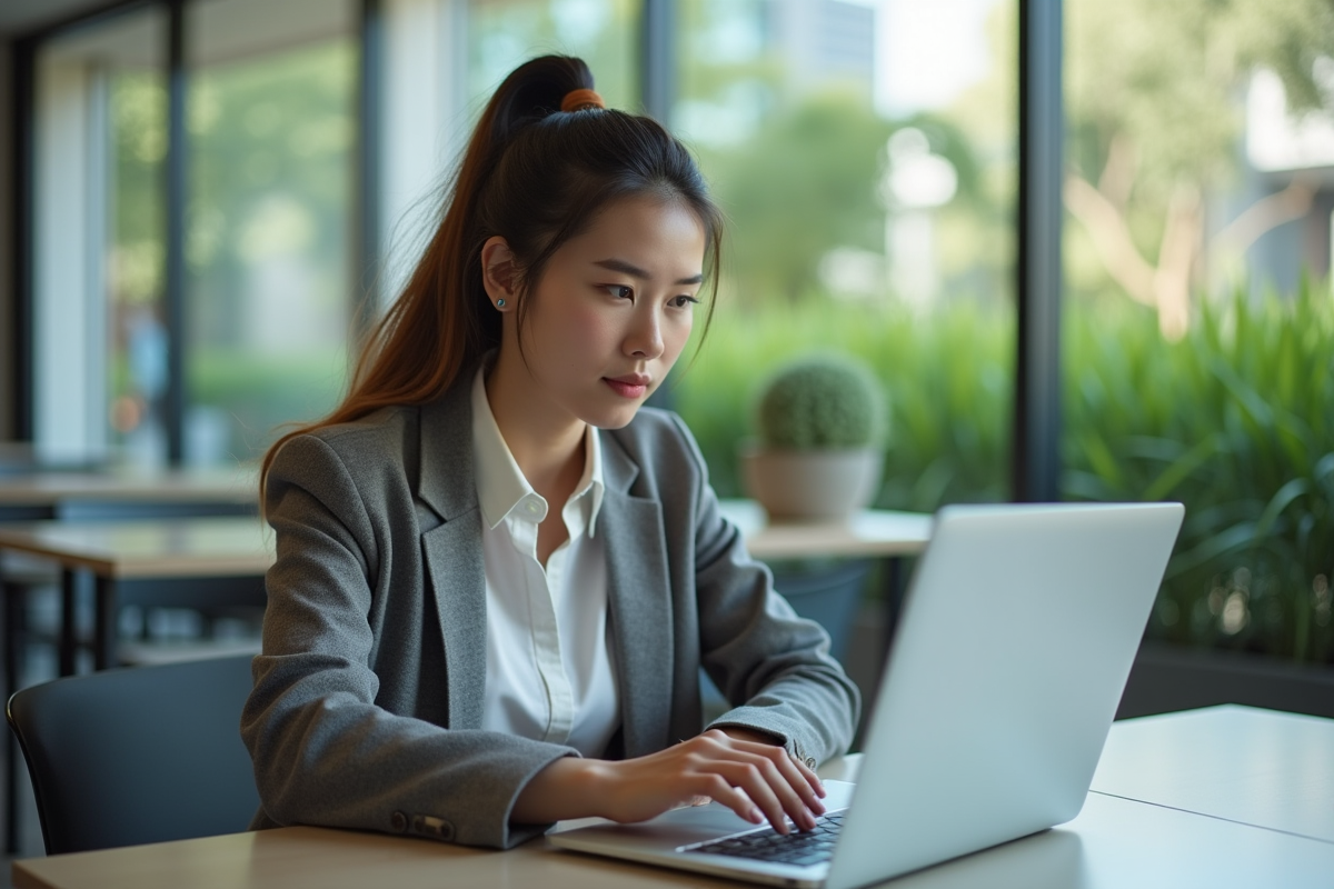 Jeune femme concentrée sur son ordinateur dans un espace coworking