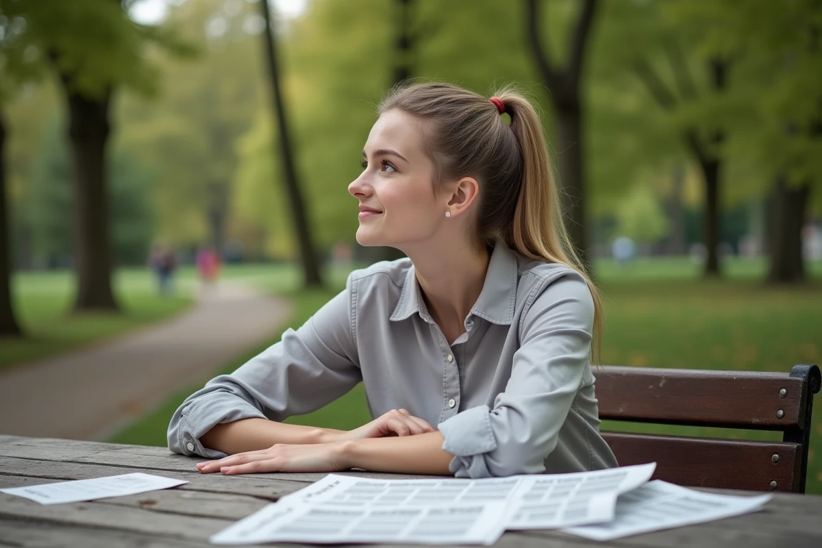 Jeune femme pensant avec croix et cartes en plein air