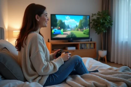Jeune femme joue à The Sims 4 dans sa chambre moderne