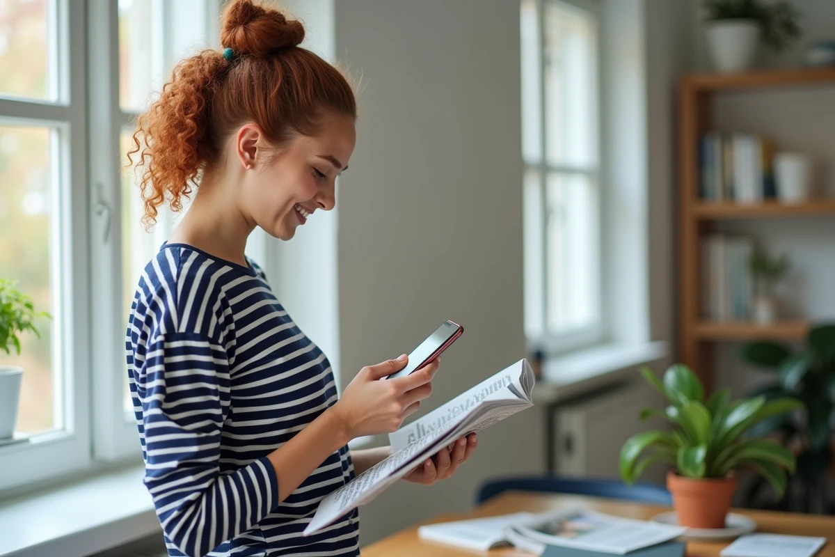 Jeune femme lisant un article de magazine sur smartphone dans un bureau à domicile, représentant l'accès simplifié aux publications via bookys.com