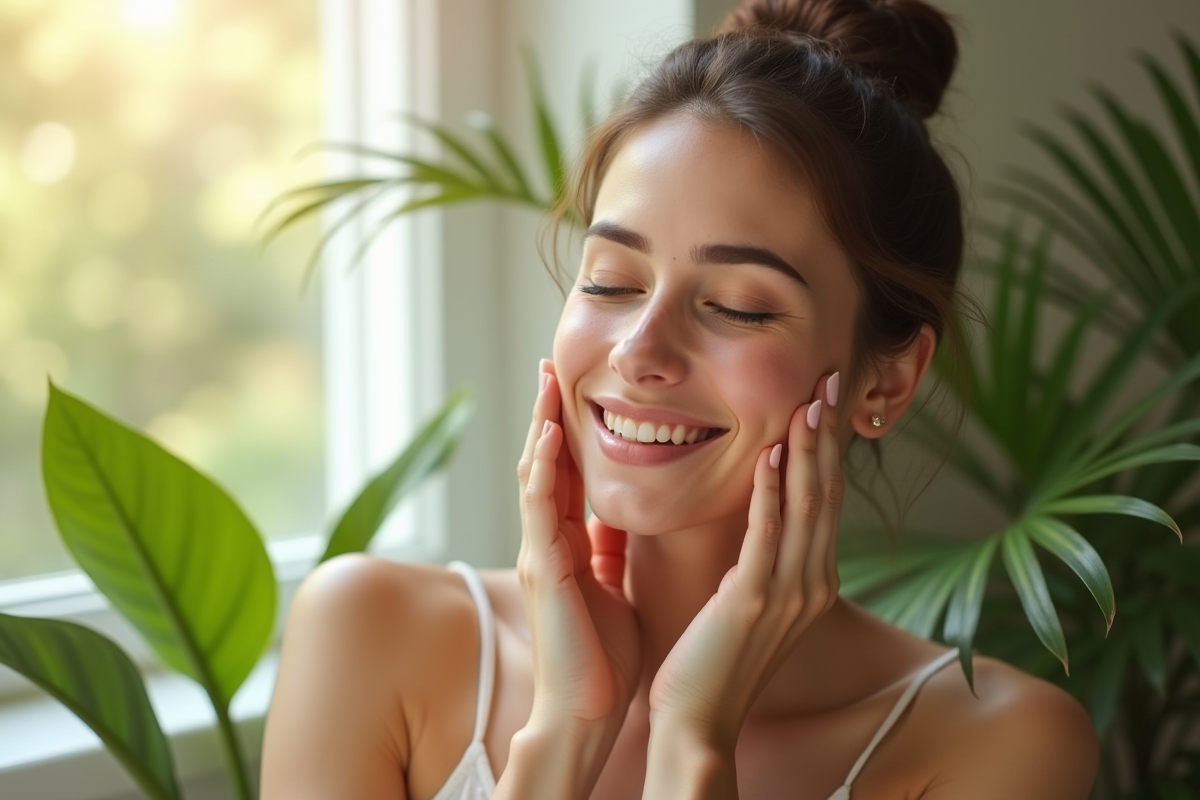Jeune femme avec peau lumineuse se massant le visage