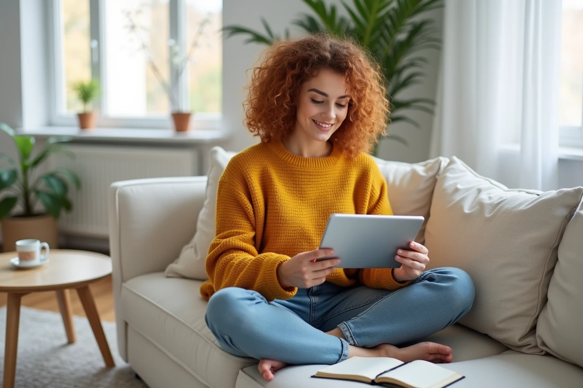 Jeune femme sur un canapé consultant une application de calcul de jours depuis la naissance sur tablette avec un carnet de notes