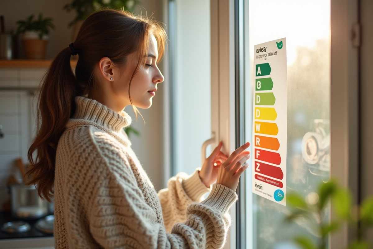 Jeune femme vérifiant une étiquette énergie sur une fenêtre