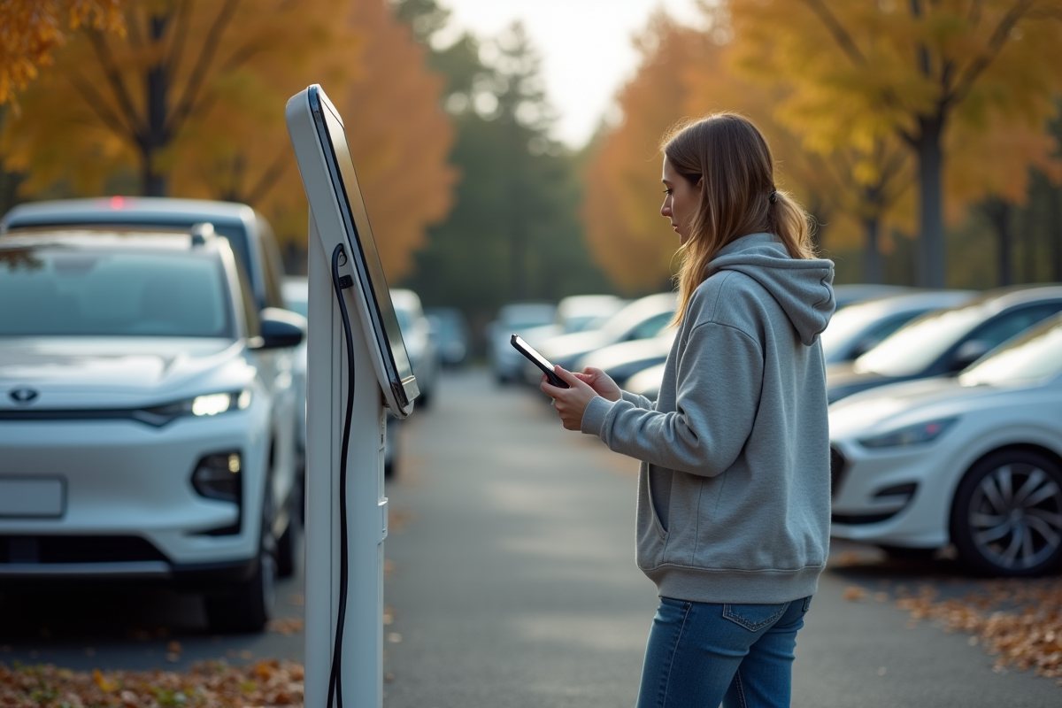 Jeune femme examine un kiosque d