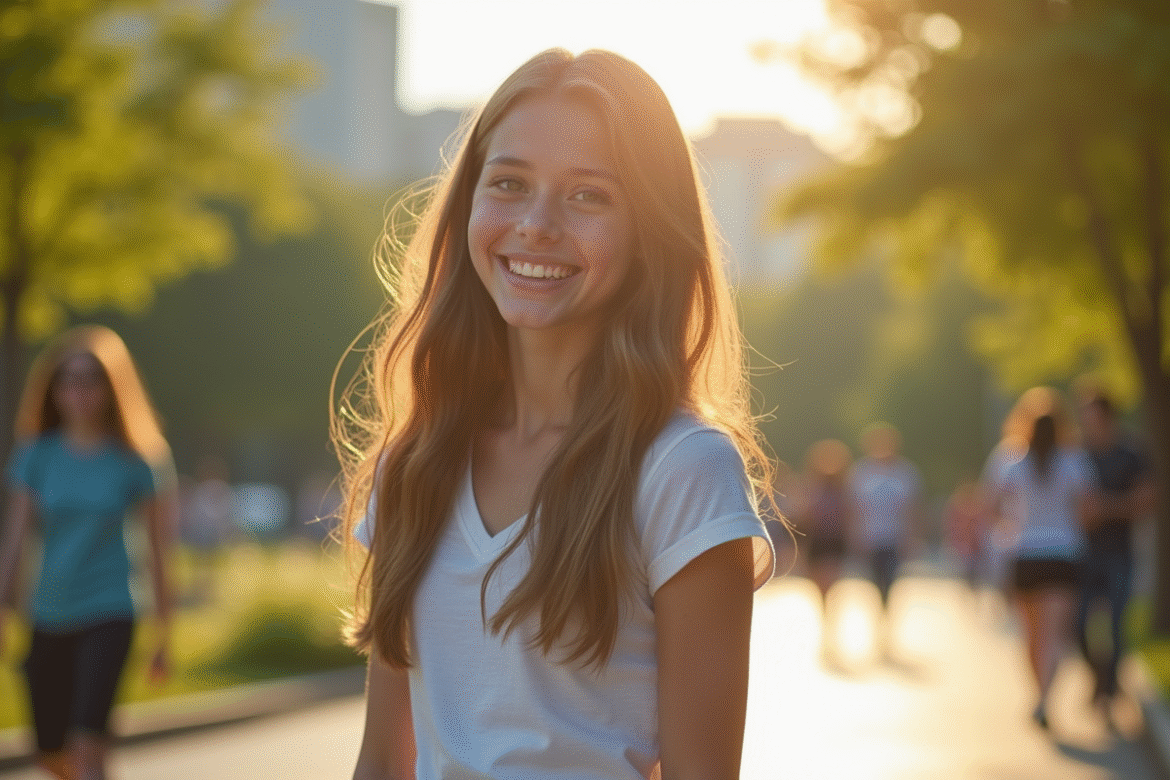 Jeune fille souriante dans un parc urbain ensoleille