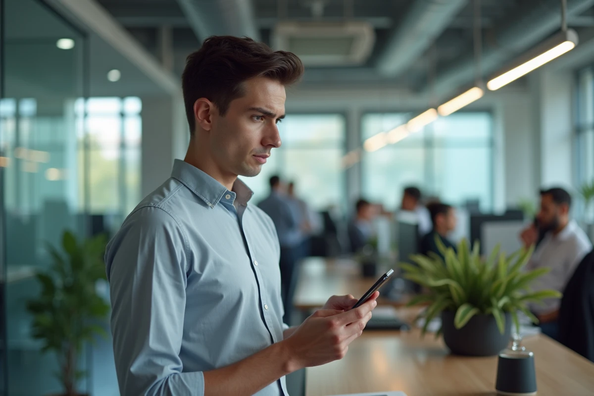 Jeune homme au bureau regarde son téléphone avec inquiétude