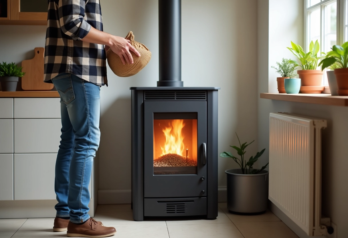 Jeune homme versant des pellets dans un poêle à pellets moderne