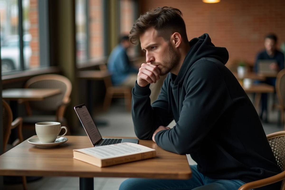 Jeune homme lisant des commentaires de blog controversés sur son smartphone dans un café urbain