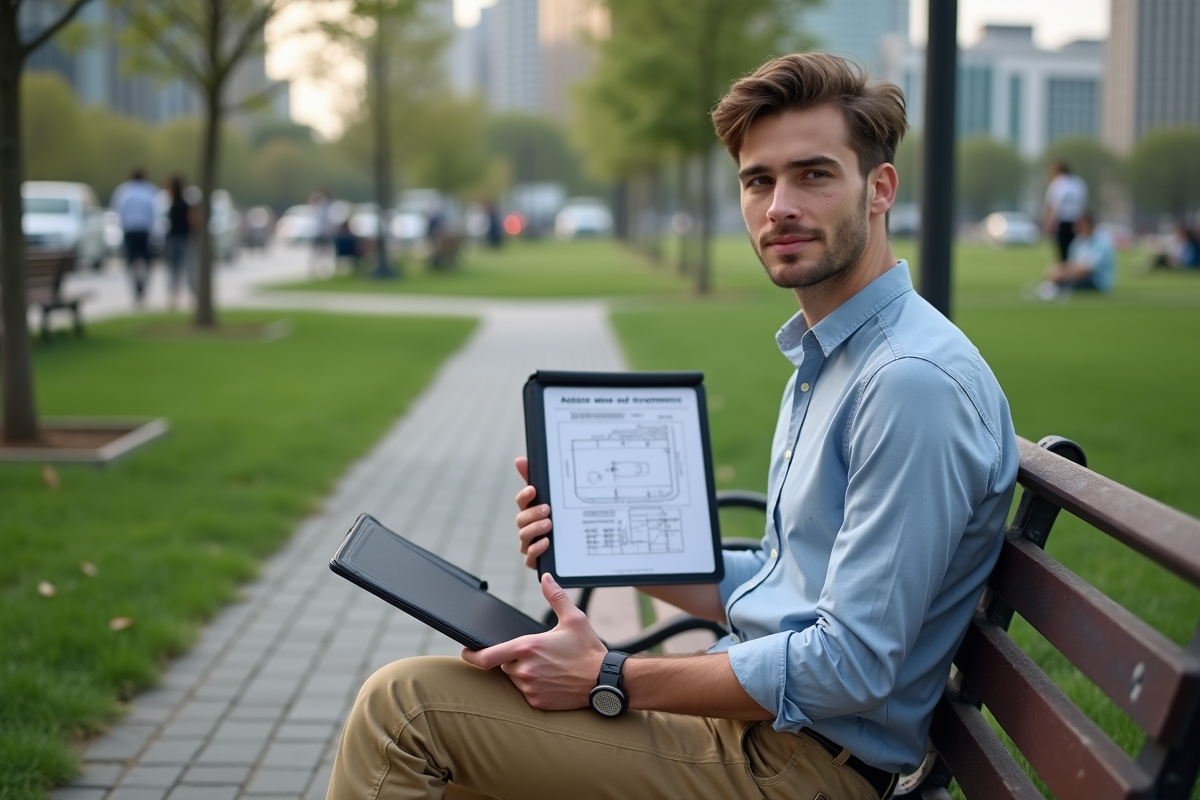 Jeune homme avec dossier et tablette dans un parc