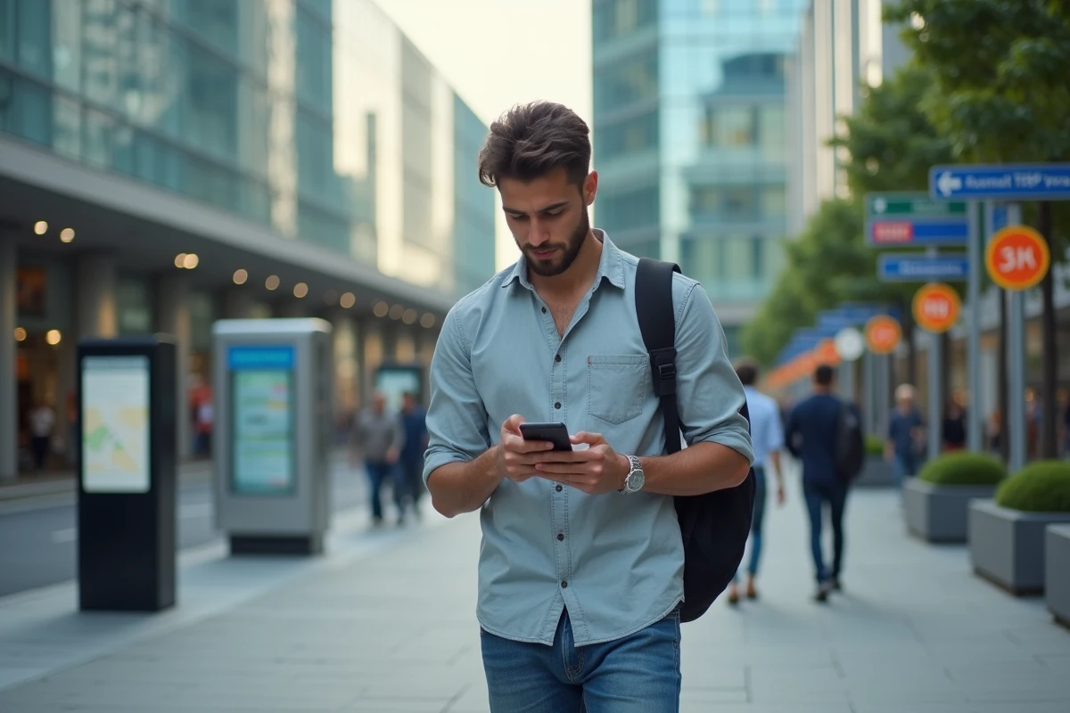 Jeune homme vérifiant une adresse sur son smartphone dans la rue