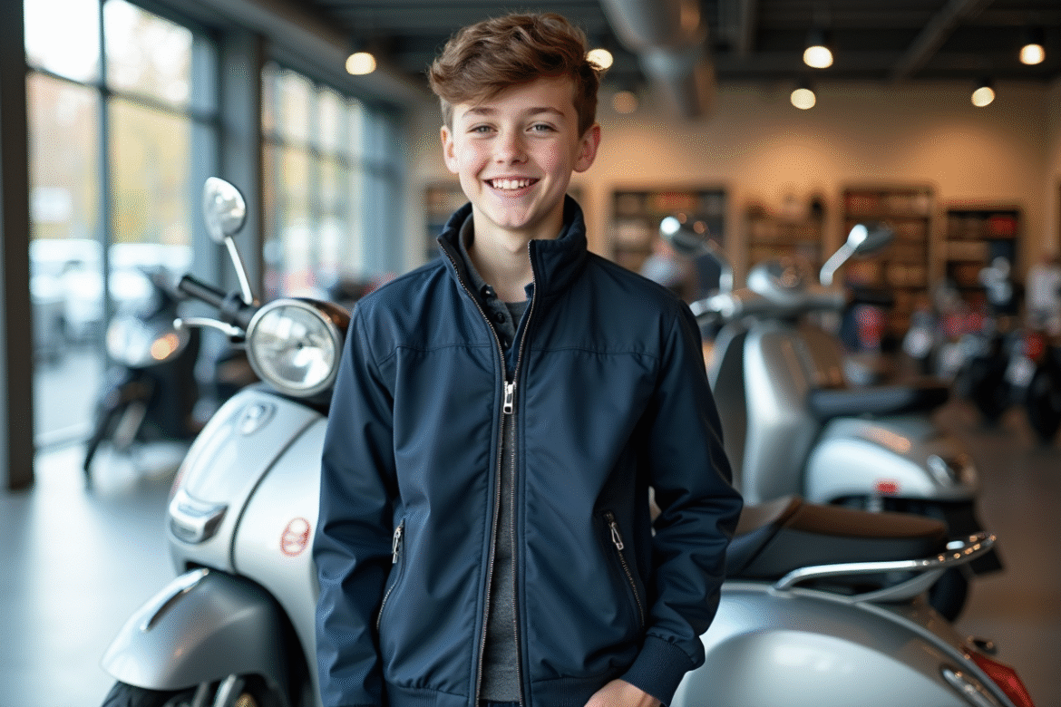 Jeune garçon souriant avec scooter dans un concessionnaire
