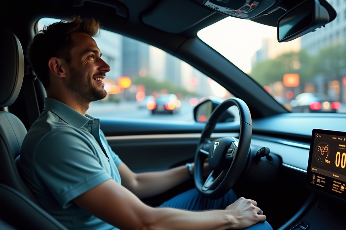 Jeune homme dans une voiture électrique futuriste