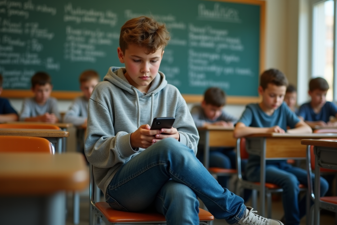 Adolescent distrait sur son téléphone en classe