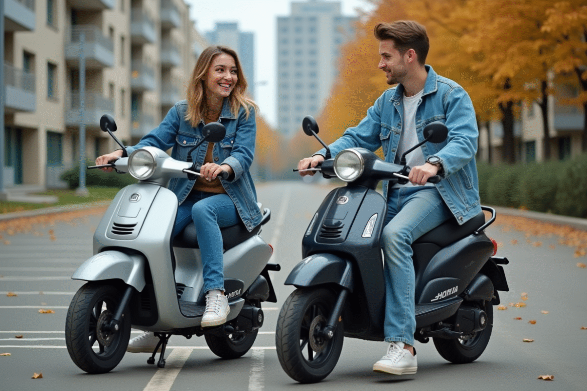 Jeunes adultes en denim avec minimotos en extérieur