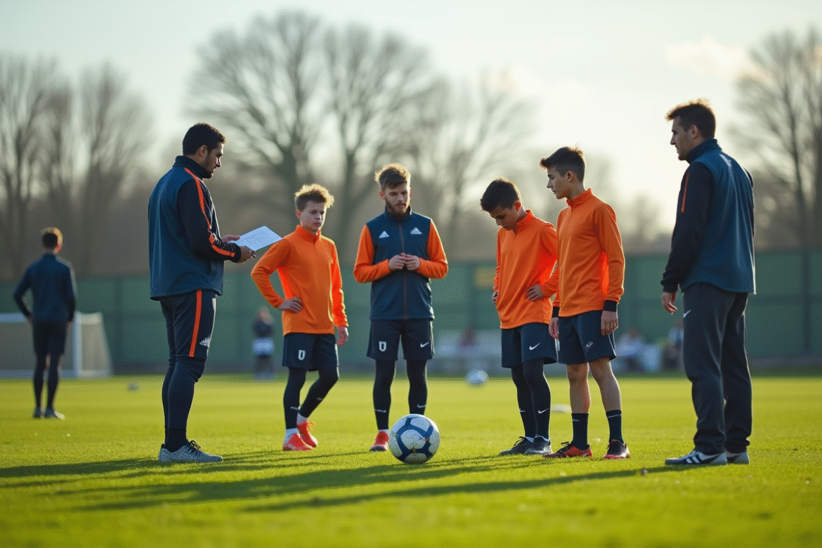 Jeune groupe de footballeurs en entraînement à Dunkerque avec un recruteur