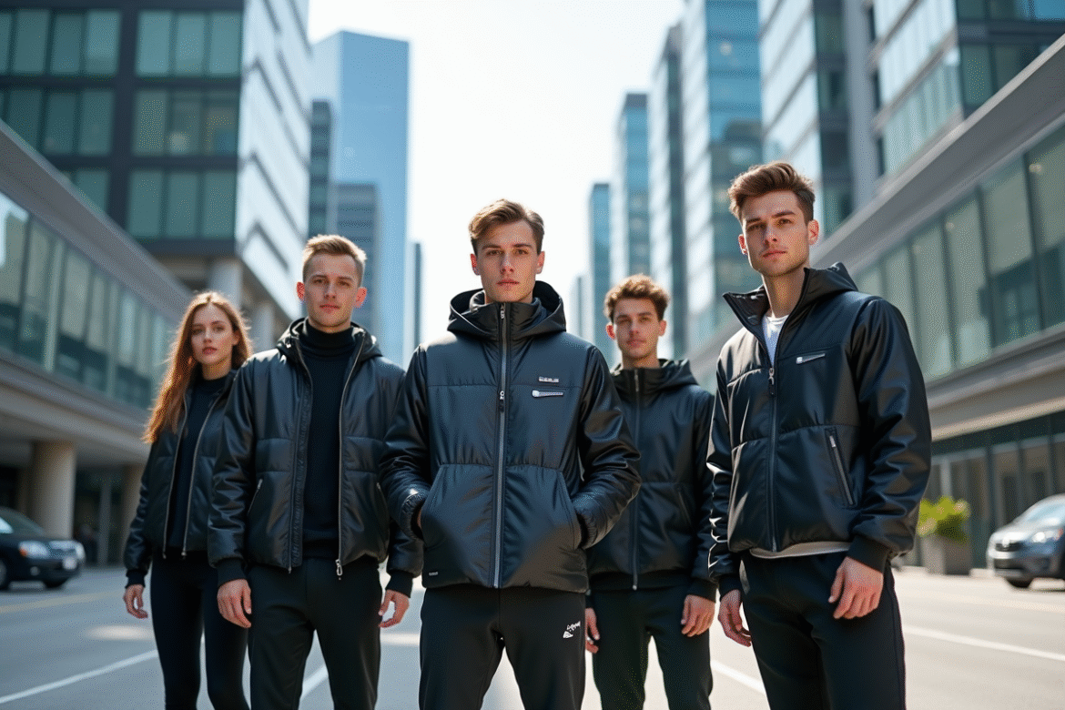 Groupe de jeunes en techwear urbain sur une rue moderne