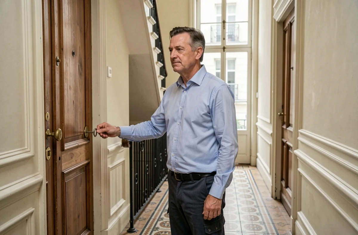 Serrurier Joseph-Eugène Franck ouvrant une porte d'appartement dans le couloir d'un immeuble ancien avec des détails architecturaux classiques