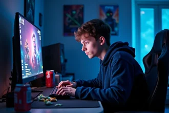 Jeune homme fatigué jouant à League of Legends tard la nuit devant son écran de PC gaming entouré de canettes vides