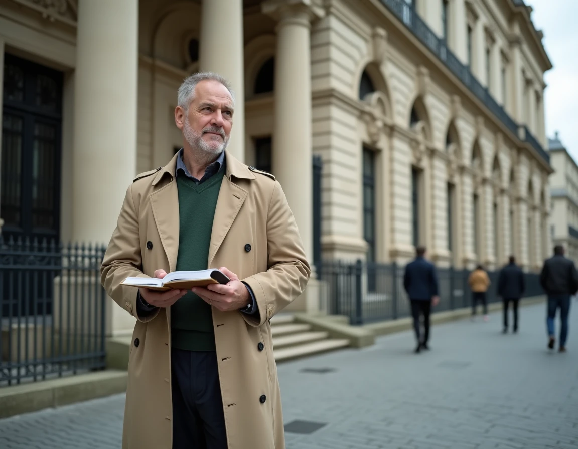 Journaliste politique devant un bâtiment gouvernemental parisien avec un carnet de notes, capturant l'atmosphère de la presse institutionnelle